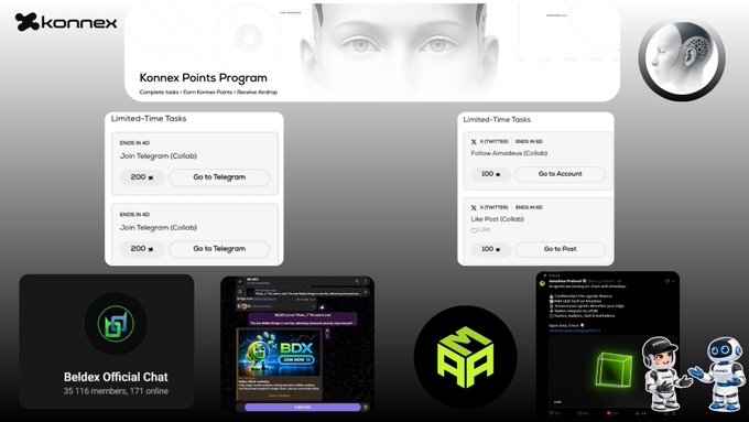 A webpage screenshot for 'Konnex' displaying their 'Konnex Points Program' that includes limited-time tasks like joining Telegram and following social media, along with community groups such as 'Beldex Official Chat' and 'BDX'.
