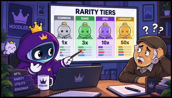 A cartoon scene shows a hooded character wearing a golden crown presenting a "RARITY TIERS" chart (Common 1x, Rare 3x, Epic 10x, Legendary 50x) to a confused, sweating older man, with books labeled "NFTs, RARITY, UTILITY, ROADMAP" stacked on the desk—visually capturing the humorous generational disconnect of trying to explain NFT collection value (specifically Hoodlers) to a bewildered parent.