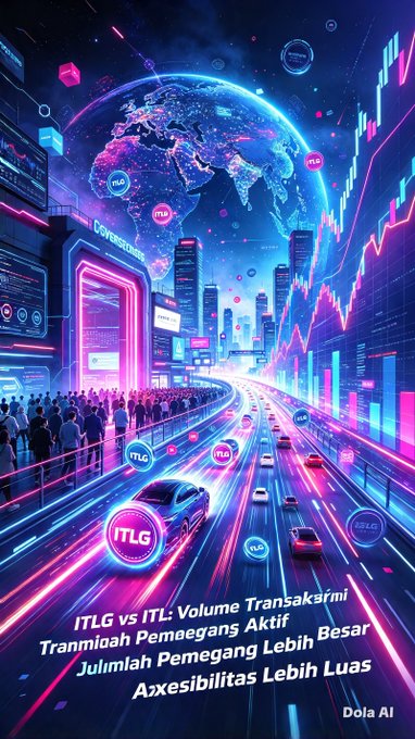 A vibrant, futuristic AI-generated cityscape with neon lights, a glowing globe, and the text 'ITLG vs ITL: Volume Transakarni Tranmlah Pemegang Aktif Jumlah Pemegang Lebih Besar Axesibilitas Lebih Luas' along with a 'Dola AI' watermark.
