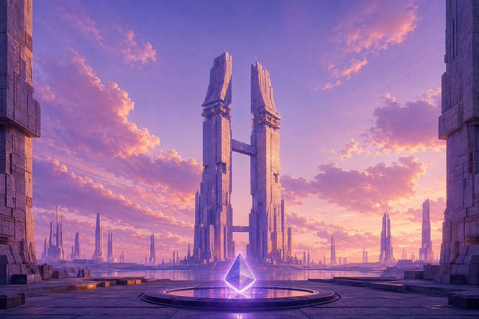 A glowing pink Ethereum crystal sits at the center of a futuristic sci-fi plaza, with towering twin spires and a stunning sunset sky in the background — visually symbolizing the interconnected ETH economy of Standard's system. The ethereal setting reinforces how the various components (issuance, reserves, buybacks, and Genesis Charters) all converge into one unified, monumental design.