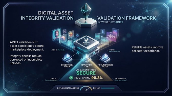 An infographic titled "DIGITAL ASSET INTEGRITY VALIDATION" and "VALIDATION FRAMEWORK POWERED BY AINFT," showing inputs and outputs like "ASSET ID," "Consistency Check," "Corruption Scan," and "Incompleteness Filter," with "VALIDATION STATUS: SECURE, TRUST RATING: 99.8%" and a "DEPLOYMENT READINESS" gauge at the bottom.