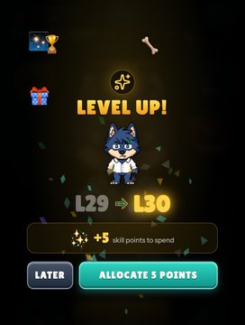 The image shows a character named Wolfie, who has just leveled up his wolfie from level 29 to level 30. The character's name tag reads "Wolfie", indicating he is now at a higher skill level than before. The character also has a trophy and a gift in front of him, suggesting that he has achieved something significant or accomplished a milestone.