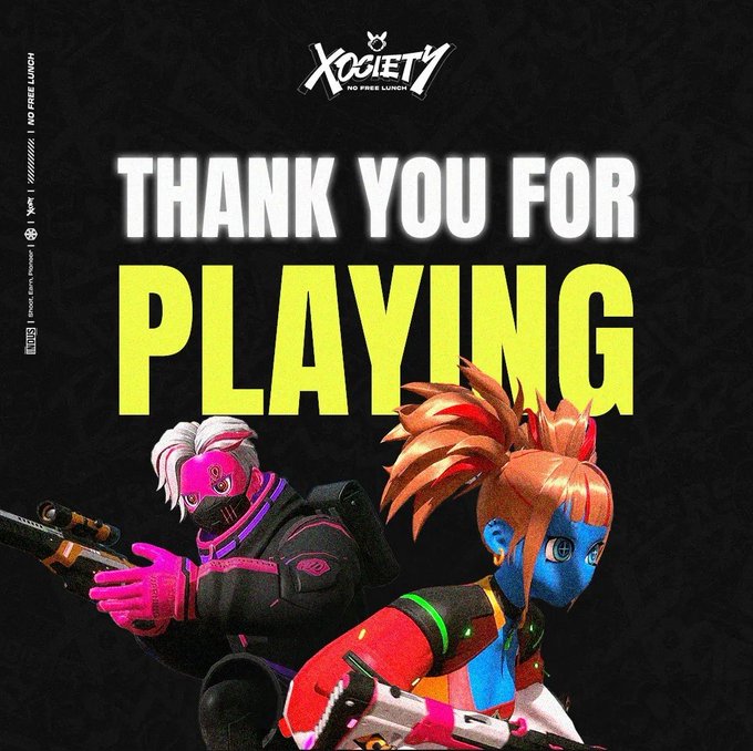 A 'THANK YOU FOR PLAYING' graphic for the game 'XOCIETY - NO FREE LUNCH', showing two stylized characters armed with futuristic weapons against a black background.
