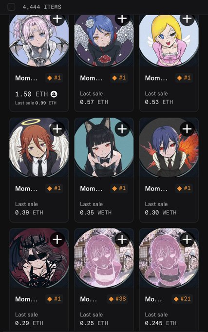 A NFT marketplace interface displays '4,444 ITEMS' featuring anime-style character avatars labeled 'Mom...' with various Ethereum (ETH) prices including 1.50 ETH, 0.57 ETH, 0.53 ETH, 0.39 ETH, 0.35 WETH, 0.30 WETH, 0.29 ETH, 0.25 ETH, and 0.245 ETH.
