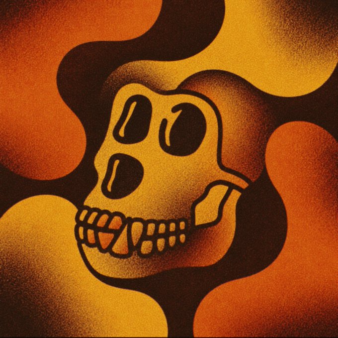 The image features an illustration of a skull with its mouth open, set against a background that appears to be a gradient of orange and brown colors. The skull is positioned centrally within the frame, drawing attention to itself as the main subject. The background seems to be a blend of orange and brown hues, creating a warm and inviting atmosphere for the viewer.

The post includes text that reads "GM thinking about dropping a new free generative art collection... actually, 2 collections on ApeChain interested? bored ape yacht club". This suggests that there might be an ongoing discussion or exhibition related to the art of generating images using generative techniques. The image itself seems to be part of this conversation, as it is described in relation to another post about generating art.