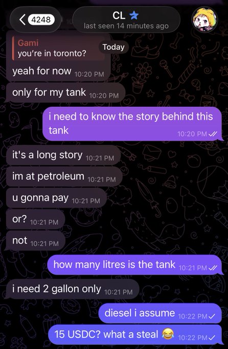 A Telegram chat with 'CL' discussing buying diesel, with messages including 'i need to know the story behind this tank', 'im at petroleum', 'u gonna pay or?', 'how many litres is the tank', 'i need 2 gallon only', 'diesel i assume', and '15 USDC? what a steal 😂'.