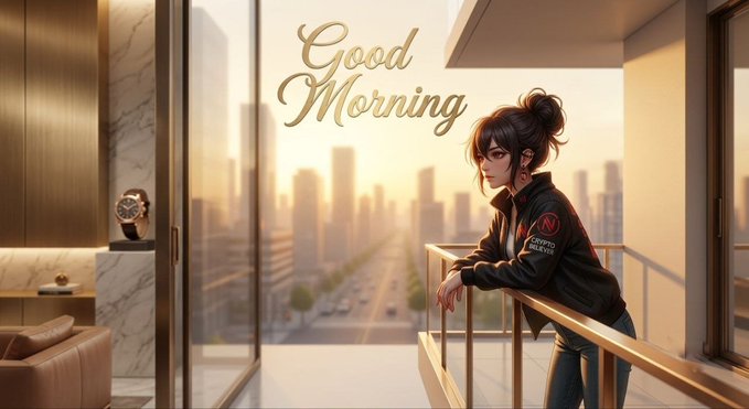 An anime-style illustration of a girl with dark hair leaning on a balcony railing in a modern apartment, with 'Good Morning' text and a city skyline at sunrise.