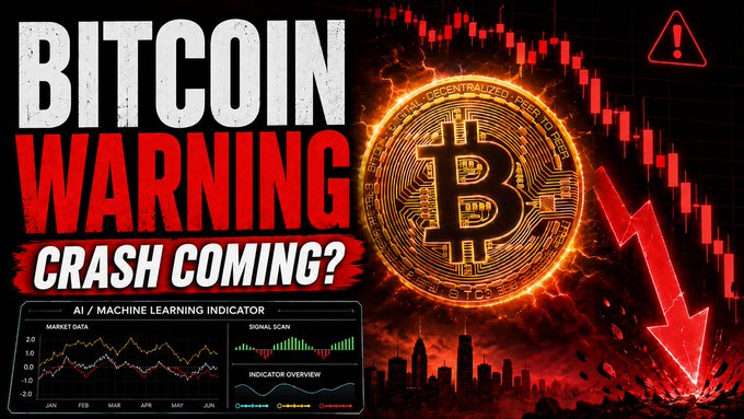 This image shows a Bitcoin warning with text "BITCOIN WARNING CRASH COMING?", a large Bitcoin logo, and a downward trending red graph, visually representing the potential crash mentioned in the accompanying post.