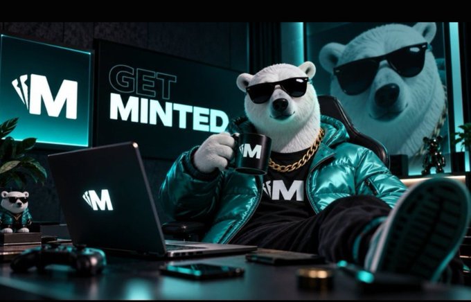 A 3D-rendered white bear wearing sunglasses, a green jacket, and a gold chain sits holding a black 'M' mug in front of a laptop, with 'GET MINTED' on a screen behind it.