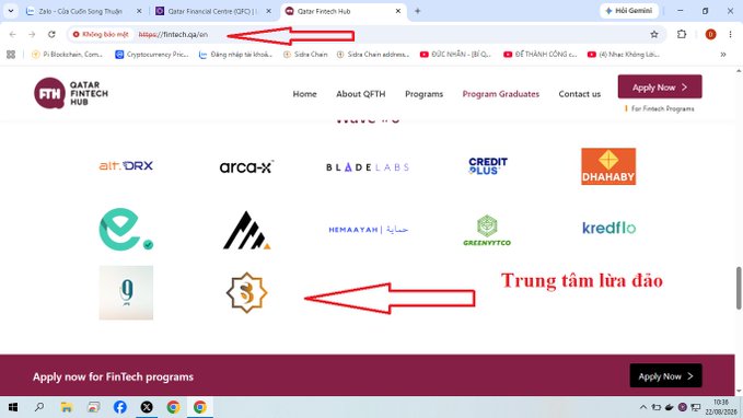 A screenshot of the Qatar Fintech Hub website (qatarfintech.ae) shows the URL bar with the address circled in red and an arrow pointing to it, while another red arrow labeled "Trung tâm lừa đảo" (Vietnamese for "scam center") points to the Sidra Bank logo among listed fintech partners, visually highlighting that this site is a fake impersonation of the legitimate Qatar Financial Centre platform.