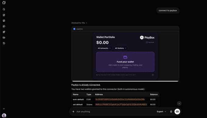 A screenshot of a Paybox wallet portfolio interface showing a $0.00 balance with an 'Ask anything' prompt, connected to two EVM and Solana wallets.