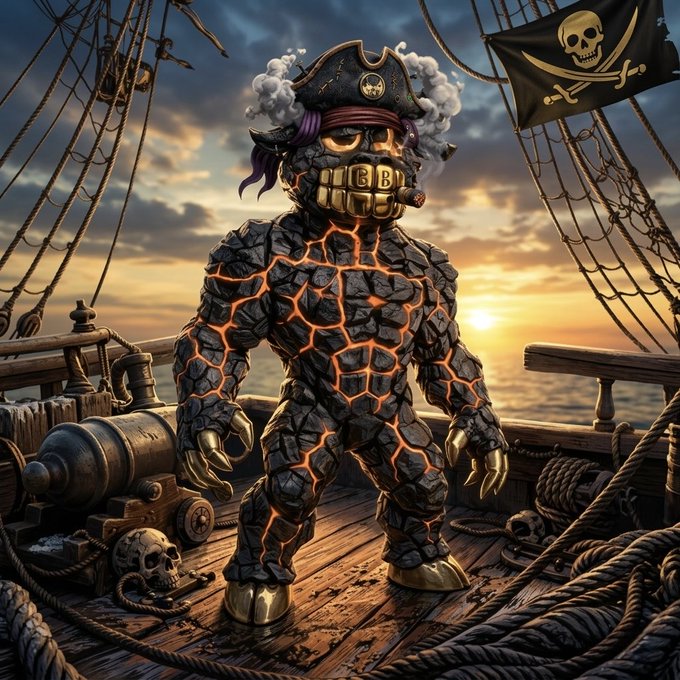 A stone golem figure wearing a pirate hat and gold teeth with glowing orange lava cracks stands on the deck of a ship at sunset, with a Jolly Roger flag and skull visible.