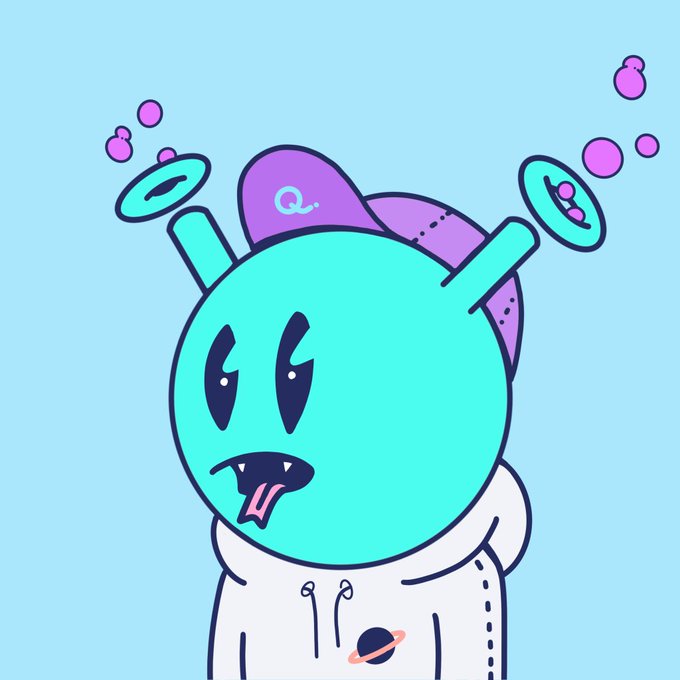 The image shows a quirky cartoon alien character wearing a purple cap with a "Q." logo and a white hoodie featuring a small Saturn planet design, with its tongue playfully sticking out and pink bubble-like shapes floating around it. This matches the post's shoutout to QuirkiesNFT, highlighting the "Cap x Hoodie combo" as a stylish floor pick for the day.