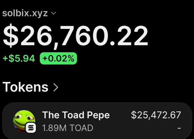 A screenshot of the solbix.xyz portfolio tracker showing a wallet worth $26,760.22 (+$5.94, +0.02%), with the primary holding being 1.89M TOAD ("The Toad Pepe") valued at $25,472.67, illustrating the post's claim of massive profits from a $Toad investment now worth over $52K.