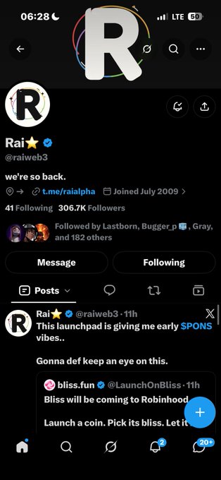 Twitter profile page for "Rai" (@raiweb3), a Web3 figure with 306.7K followers, featuring a recent tweet stating "we're so back" and referencing a launchpad called bliss.fun coming to Robinhood.