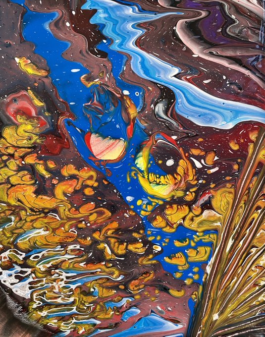 The image features a painting with an abstract style, depicting a blue river flowing through a landscape filled with yellow flowers. The artist has used a variety of colors and brushstrokes to create a visually striking piece that captures the essence of nature's beauty. The painting is titled "Collected 'my abstract dream' by @ArtSoroor #tezostuesday @objktcom".