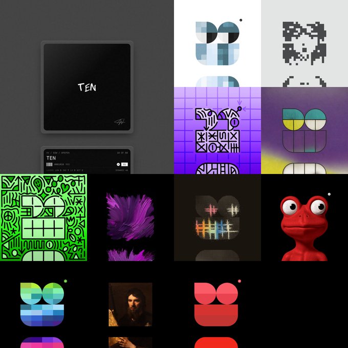 A collage of various graphic design artworks featuring pixel art, typography, abstract shapes, and a red frog character.