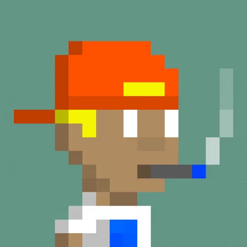 A pixel art portrait of a person wearing a red cap, with a cigarette in their mouth, set against a teal background.