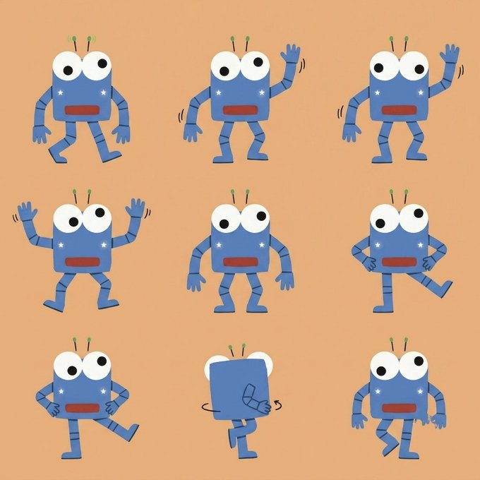 Nine poses of a cartoon blue robot with large eyes and antennae, displaying various gestures like waving, standing, and dancing against a peach background.