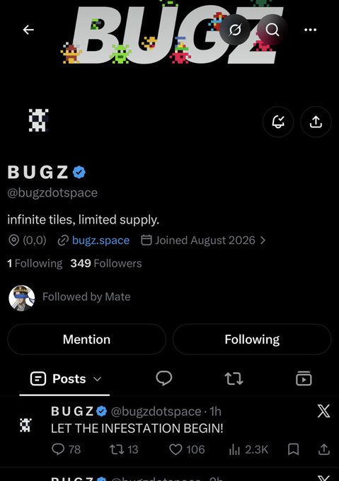 A Twitter/X profile page for the verified account "@bugzdotspace" (BUGZ), showing a tagline reading "infinite tiles, limited supply," 349 followers, and a recent post stating "LET THE INFESTATION BEGIN!" with 78 replies, 13 retweets, 106 likes, and 2.3K views.