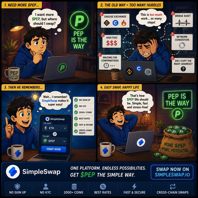 A four-panel cartoon illustrates a user's frustration with the multi-step process of acquiring $PEP crypto (choosing exchanges, bridge assets, high fees, network congestion, and confirmation delays) before discovering SimpleSwap as a faster, simpler alternative with benefits like no sign-up, no KYC, 2000+ coins, best rates, fast & secure transactions, and cross-chain swaps, ending with the tagline "One Platform. Endless Possibilities. Get $PEP the Simple Way. Swap now on SimpleSwap.io."