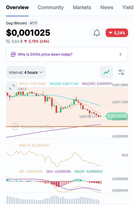 A cryptocurrency price chart for Dog (Bitcoin) showing a price of $0.001025 with a 5.24% decline, including 4-hour candlestick, MA, RSI, and MACD indicators.