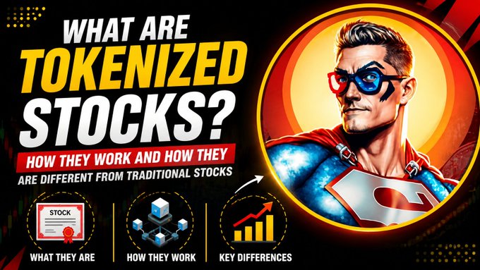 Thumbnail graphic titled 'WHAT ARE TOKENIZED STOCKS?' with subtitle 'HOW THEY WORK AND HOW THEY ARE DIFFERENT FROM TRADITIONAL STOCKS', featuring a superhero character and three icons labeled 'WHAT THEY ARE', 'HOW THEY WORK', and 'KEY DIFFERENCES'.