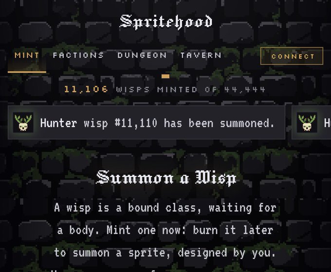 A pixel art website for "Spritehood" showing 11,106 wisps minted of 44,444, with navigation tabs for MINT, FACTIONS, DUNGEON, TAVERN, and a notification that "Hunter wisp #11,110 has been summoned."
