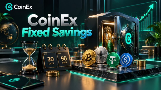 An advertisement for 'CoinEx Fixed Savings' showing a safe, an hourglass, a calendar with '30 DAYS' and '90 DAYS', and prominent cryptocurrency coins like Bitcoin and Ethereum.