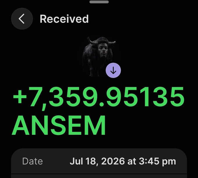 A screenshot of a crypto wallet "Received" transaction showing +7,359.95135 ANSEM tokens received on July 18, 2026, featuring a black bull icon—visually confirming the ~$7K ANSEM token gain the post celebrates.