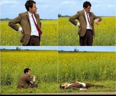 A four-panel meme showing Mr. Bean in a yellow field, standing with hands on hips, sitting down, and finally lying flat on his back.
