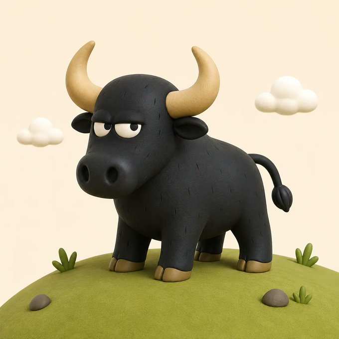 A cute 3D-rendered black bull mascot with tan horns stands on a small grassy mound, eyeing the viewer with a slightly grumpy expression, accompanied by floating cartoon clouds. The image directly ties to the post by embodying the "TORO" meme coin brand, with the bullish imagery symbolizing the imminent launch ("gate opening") and herd formation teased in the caption.