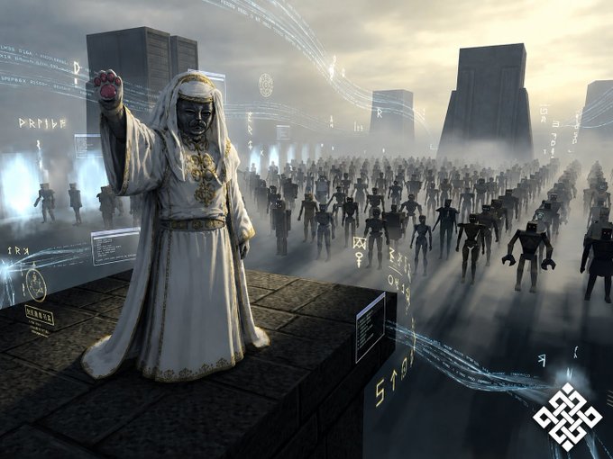 A hooded figure in ornate white robes raises a glowing red orb before an army of identical humanoid agents marching through a misty, futuristic cityscape with floating runic symbols and data streams. The image visually represents the "1,000 Unique Agents" mentioned in the post, depicting them as the assembled ranks of @ritualnet's Ritual Network awaiting activation.