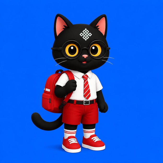 !!!STOP!!! is written on a blue background, accompanied by a black cat wearing glasses and a red tie with a white "X" on it.