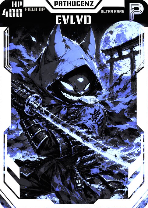 A trading card titled "EVLVD" features an HP 400 character from the "PATHOGENZ" collection, depicted as a hooded, grinning shinobi wielding a glowing blue katana against a moonlit backdrop with a Japanese torii gate. The post identifies this as KEK community member @EVLVD_1 rendered in their "Rogue bunny form," celebrating the character's inclusion as the first in a series of TCG cards.