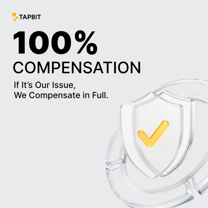 An advertisement for 'TAPBIT' displays the text '100% COMPENSATION - If It's Our Issue, We Compensate in Full' alongside a glass shield emblem with an orange checkmark.