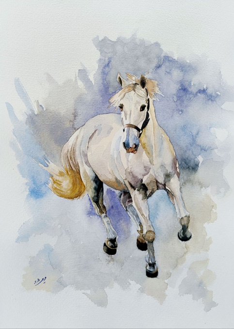 A watercolor painting of a galloping white horse with a yellow-tinged mane and tail, set against a loose, abstract background of blue and purple washes, signed in the bottom left corner.