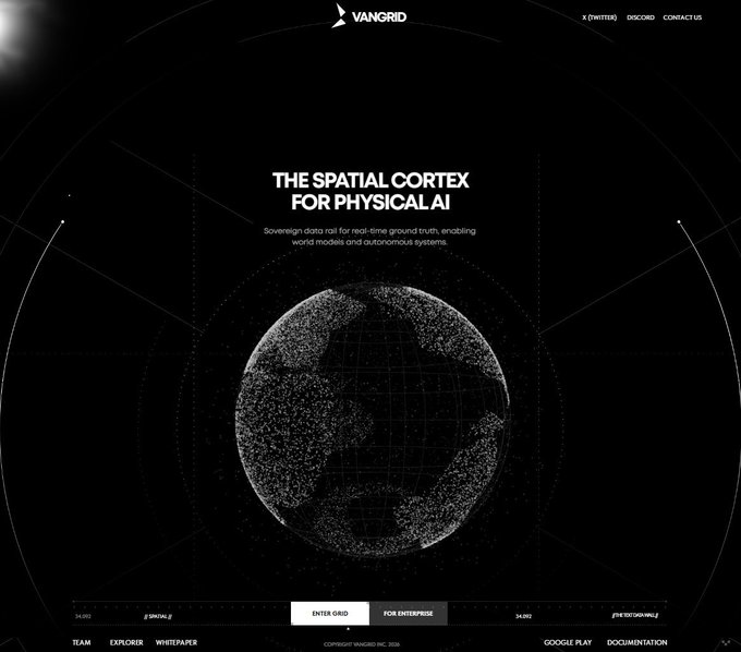 A website screenshot for VANGRID featuring a wireframe globe and the text 'THE SPATIAL CORTEX FOR PHYSICAL AI' with a tagline about sovereign data rail for real-time ground truth.