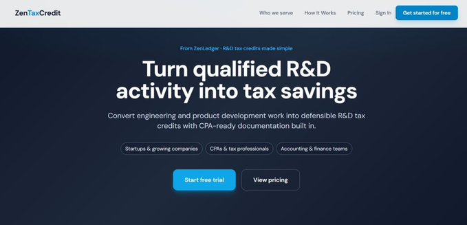 ZenTaxCredit landing page with the headline 'Turn qualified R&D activity into tax savings,' offering CPA-ready documentation for startups, CPAs, and accounting teams.