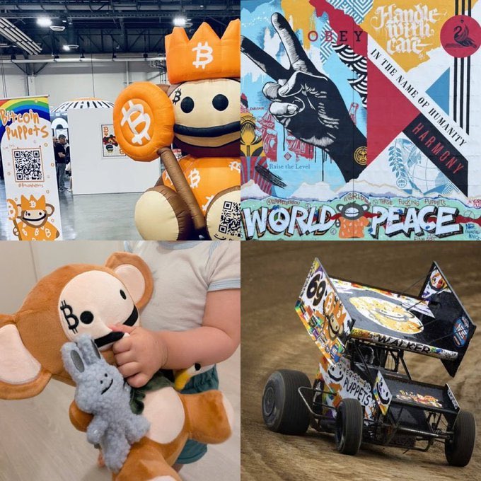 A collage of four Bitcoin-themed images: a booth featuring a Bitcoin mascot plush toy and 'Bitcoin Puppets' sign with QR code, a 'World Peace' graffiti mural with phrases like 'Handle With Care,' 'OBEY,' and 'In the Name of Humanity,' a person holding a Bitcoin-branded monkey plush toy, and a Bitcoin-wrapped race car labeled 'Bitcoin Puppets.'