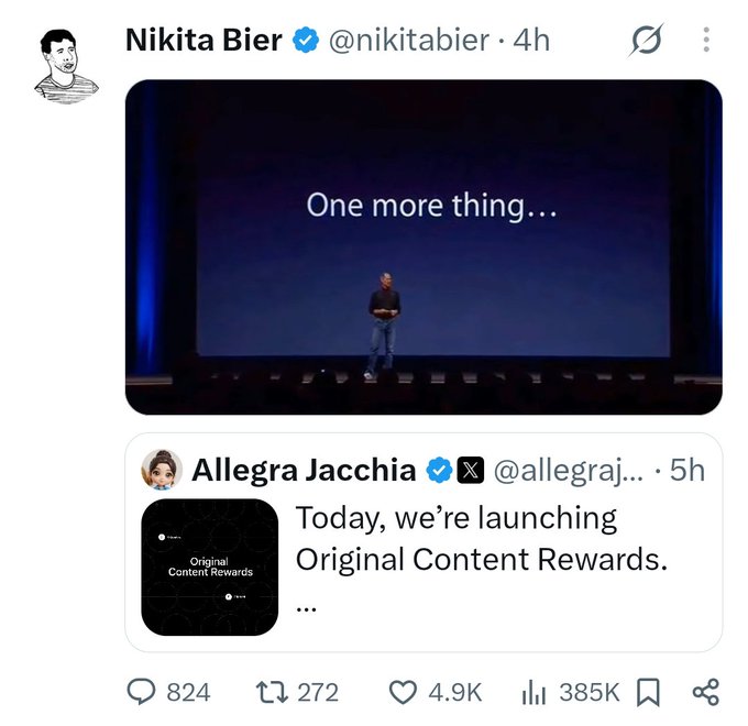 A screenshot of a tweet by Nikita Bier (@nikitabier) showing a presenter on stage with the text 'One more thing...', quoting a post by Allegra Jacchia about launching 'Original Content Rewards'.
