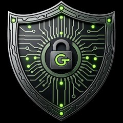 A digital illustration of a metallic shield featuring circuit board patterns in glowing green, with a central padlock icon bearing a 'G' logo on a black background.
