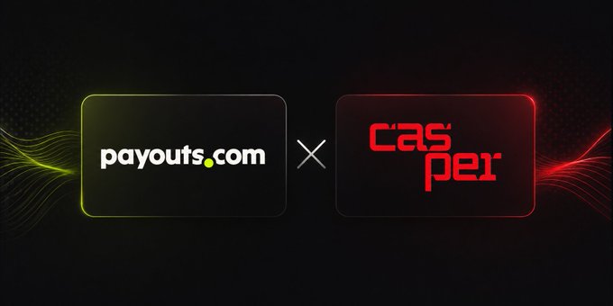 A promotional graphic showing a partnership between payouts.com and Casper, with the payouts.com logo on the left and the red Casper logo on the right, separated by an "X" symbol, illustrating the collaboration announced in the post about integrating AgentWallet onto the Casper blockchain to enable machine-driven agentic commerce.