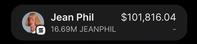 A wallet screenshot displays "Jean Phil" holding $101,816.04 alongside 16.69M JEANPHIL tokens, illustrating the post's claim of making over $100K overnight trading the Solana meme coin.