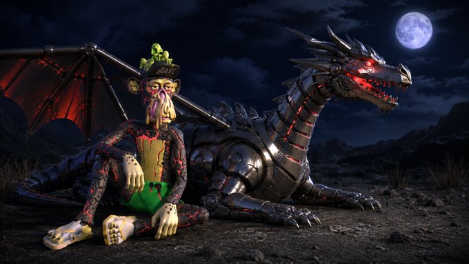 A dark fantasy 3D render of a zombie-like figure wearing a cap sitting beside a menacing mechanical dragon with glowing red accents under a full moon.