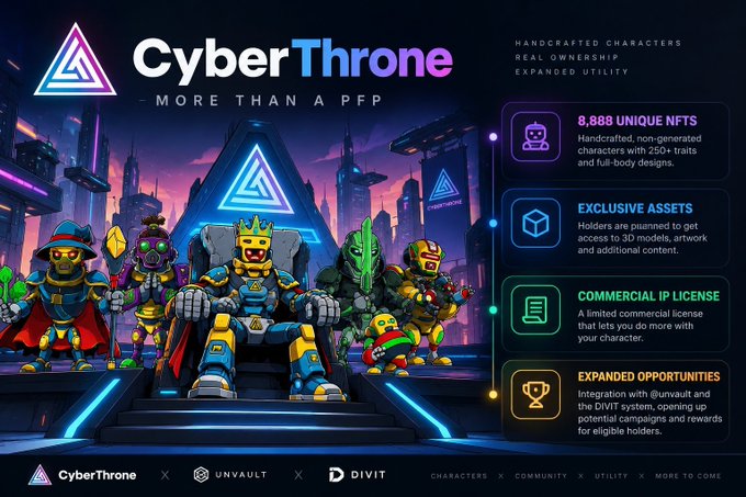 Promotional image for 'CyberThrone - More Than a PFP,' advertising 8,888 unique handcrafted NFTs with exclusive assets, commercial IP license, and integration with Unvault and DIVIT.