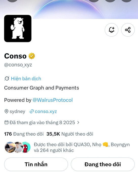 A Twitter/X profile for 'Conso' (@conso.xyz) displayed with a verified badge, describing it as 'Consumer Graph and Payments Powered by @WalrusProtocol', located in Sydney, with 35.5K followers, having joined in August 2025.