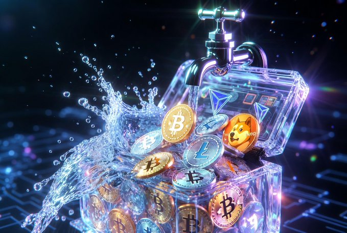 A futuristic transparent faucet pours digital coins—including Bitcoin (₿), Dogecoin, Litecoin (Ł), and Tron (TRX)—into a glowing ice-like chest against a neon backdrop. The image visually reinforces the post's message of stacking free cryptocurrency earnings through FaucetPay's no-deposit faucet system.