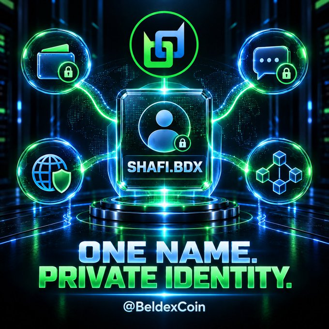 A futuristic digital graphic for BeldexCoin featuring the text 'SHAFI.BDX' and 'ONE NAME. PRIVATE IDENTITY.' connected to icons representing messaging, security, and blockchain.