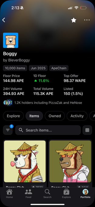 A screenshot of the "Boggy by BleverBoggy" NFT collection on ApeChain shows there are 150 items listed (1.5%) out of 10,000 total, with a floor price of 144.98 APE, supporting the post's goal of getting listed items "under 100" by summer's end.